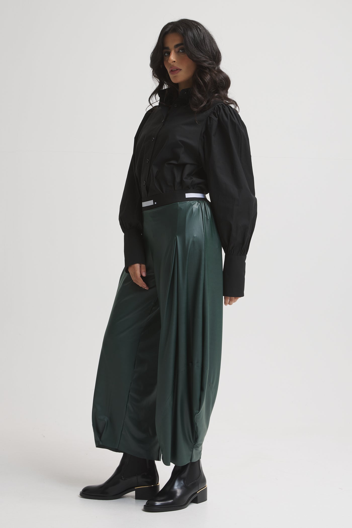 Leather Look Patchwork Cropped Pants In Green