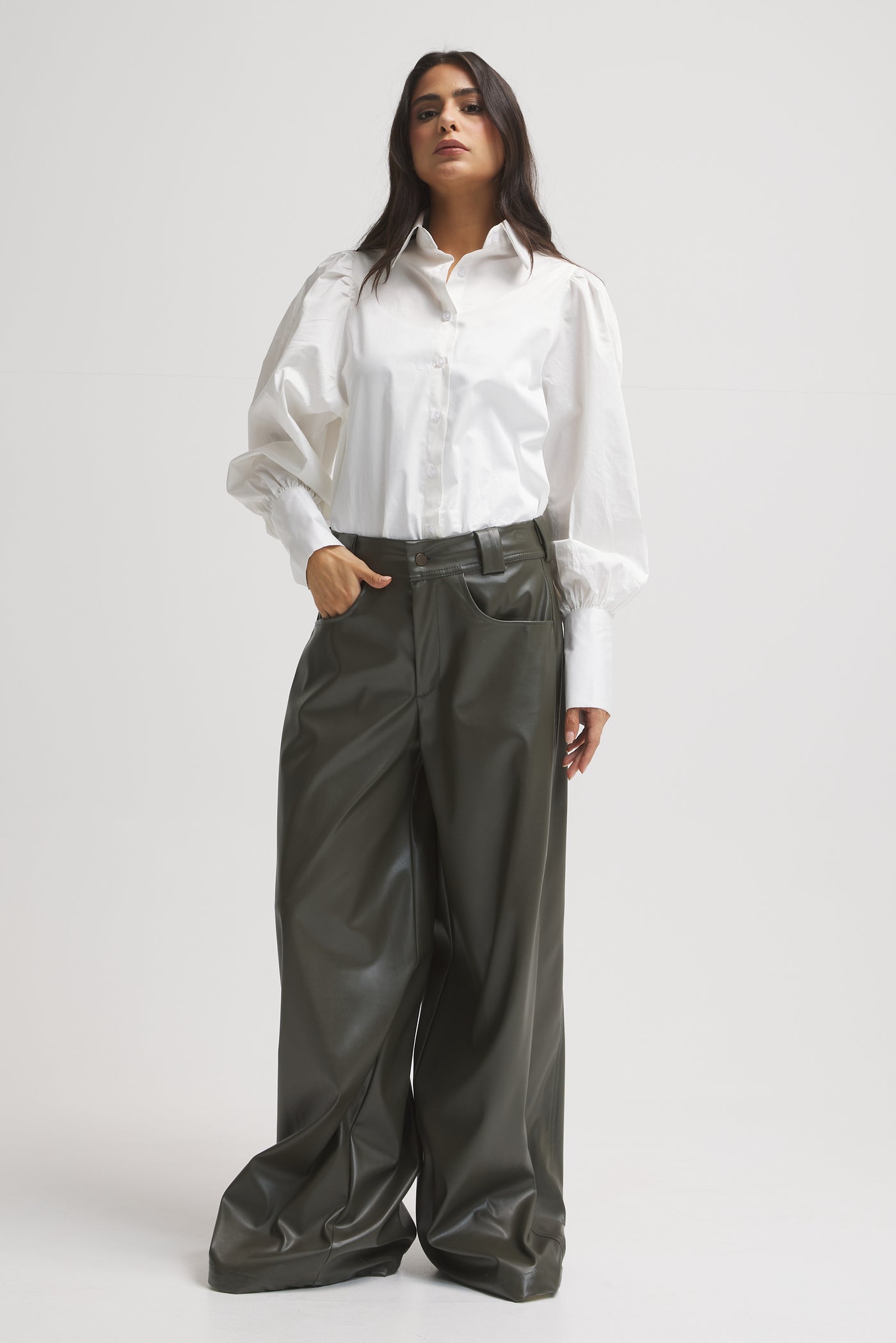 Olive Leather Wide Leg Pants