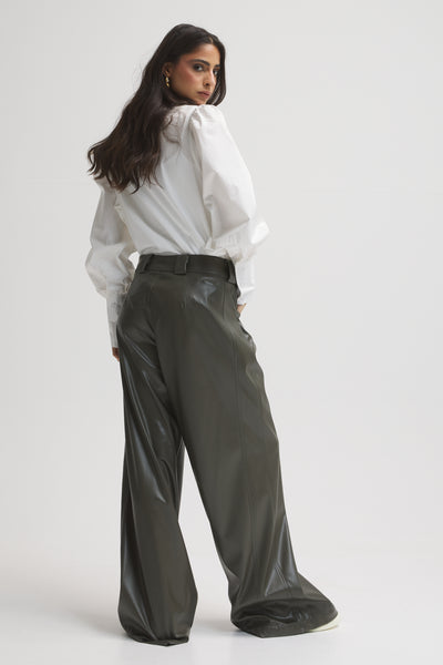 Olive Leather Wide Leg Pants