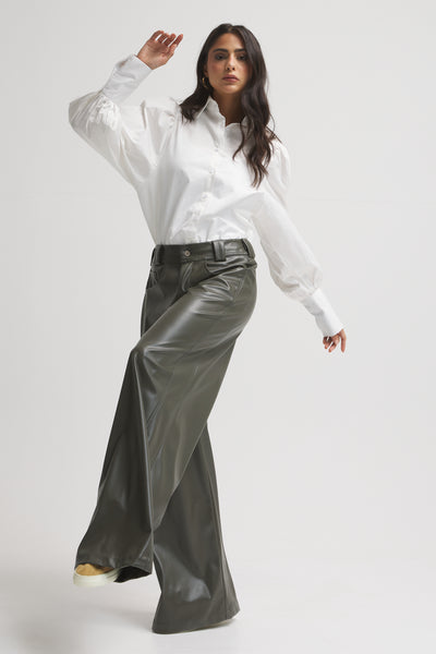 Olive Leather Wide Leg Pants