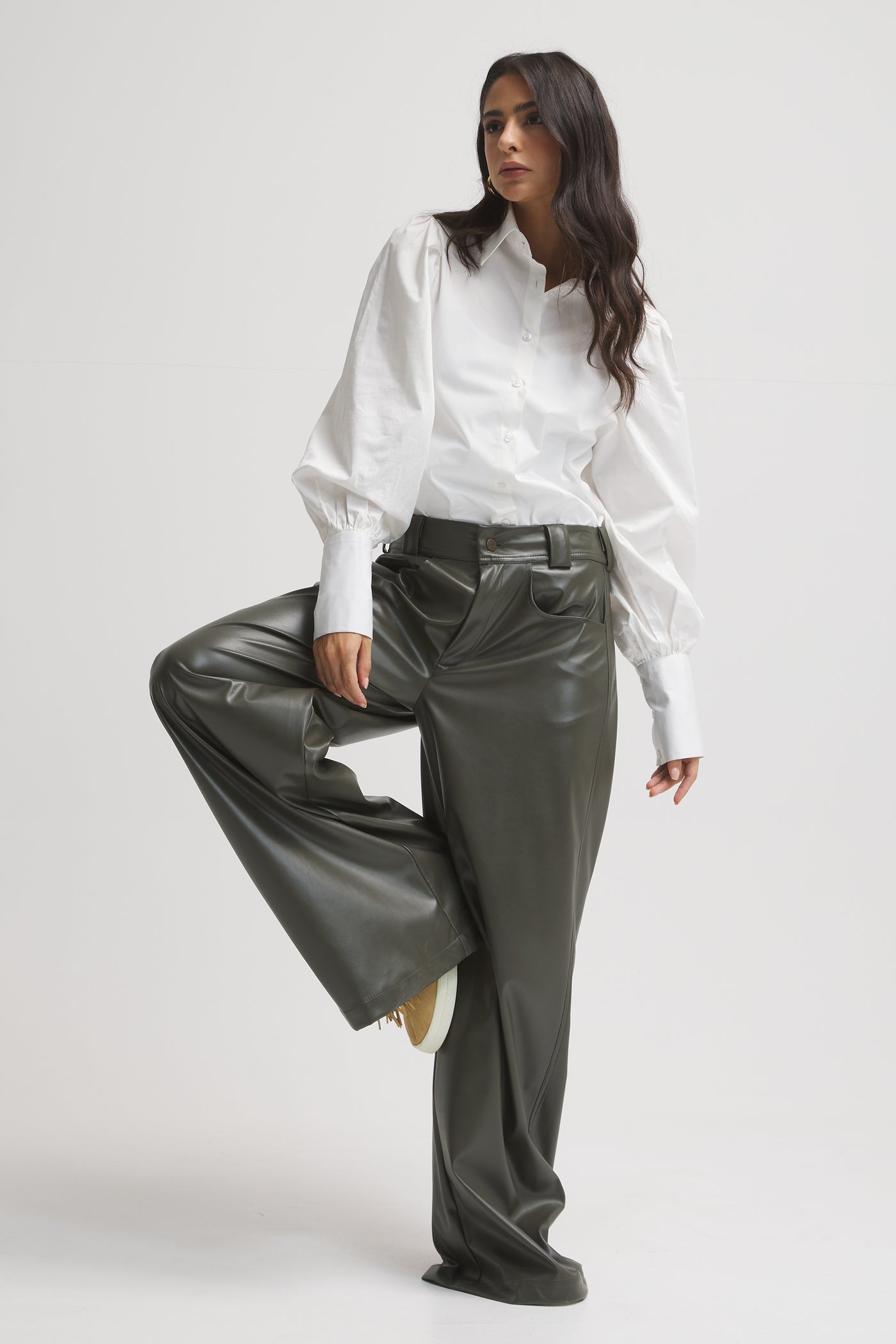 Olive Leather Wide Leg Pants