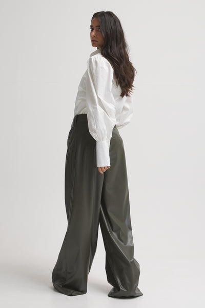 Olive Leather Wide Leg Pants