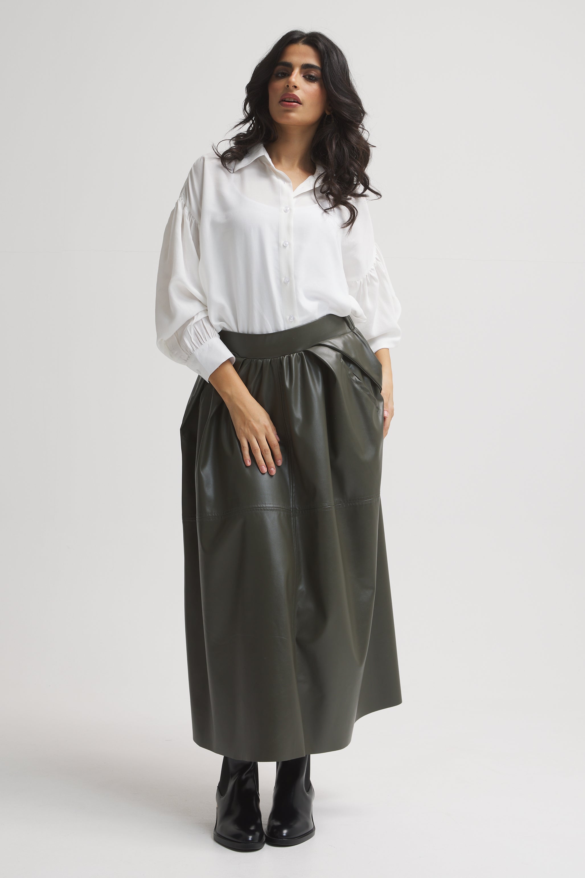 Leather Puffy Olive Skirt