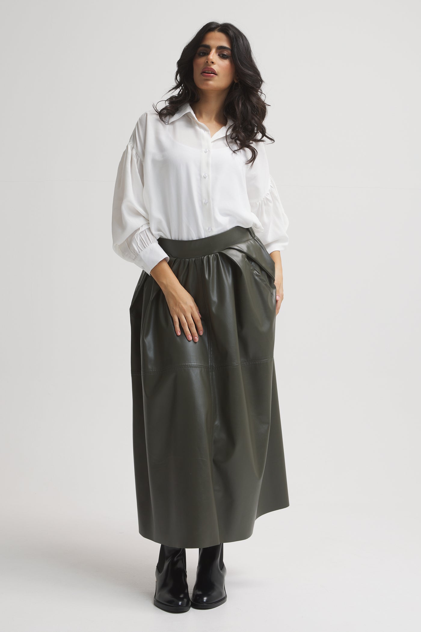 Leather Puffy Olive Skirt