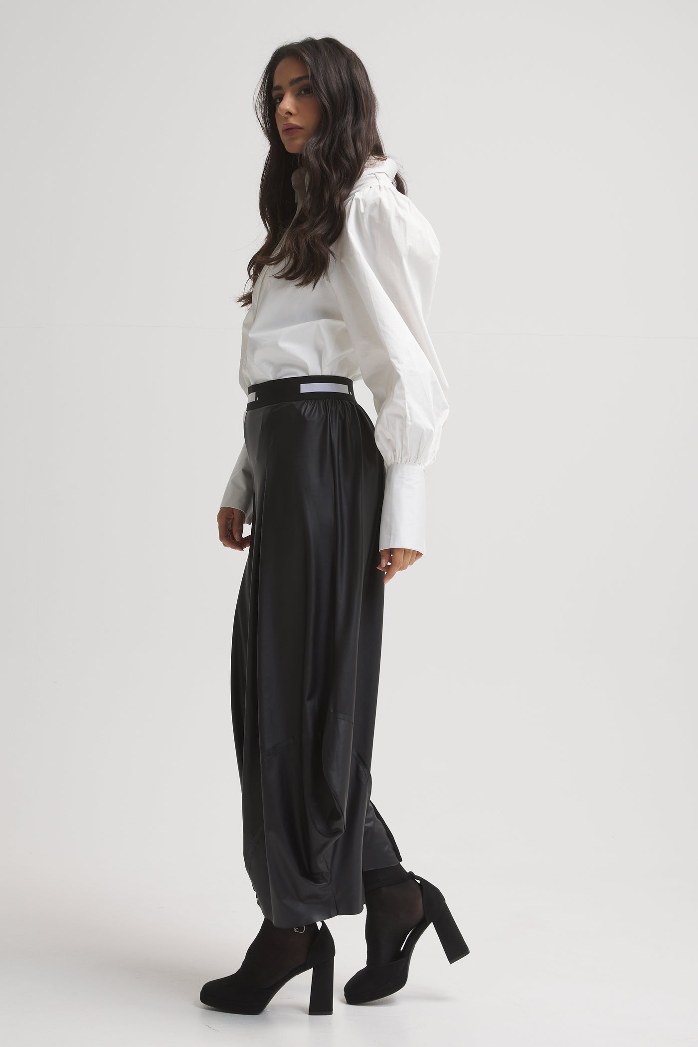 Leather Look Patchwork Cropped Pants In Black