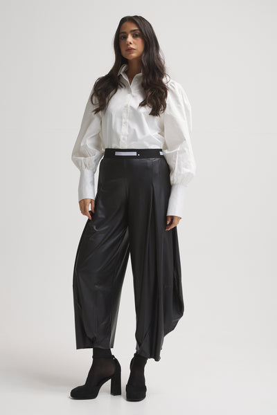 Leather Look Patchwork Cropped Pants In Black