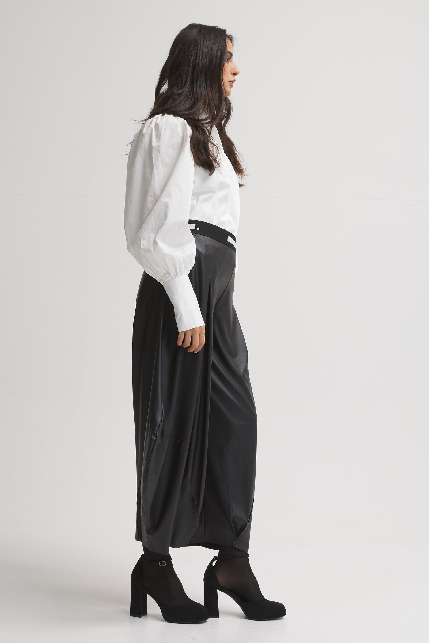 Leather Look Patchwork Cropped Pants In Black