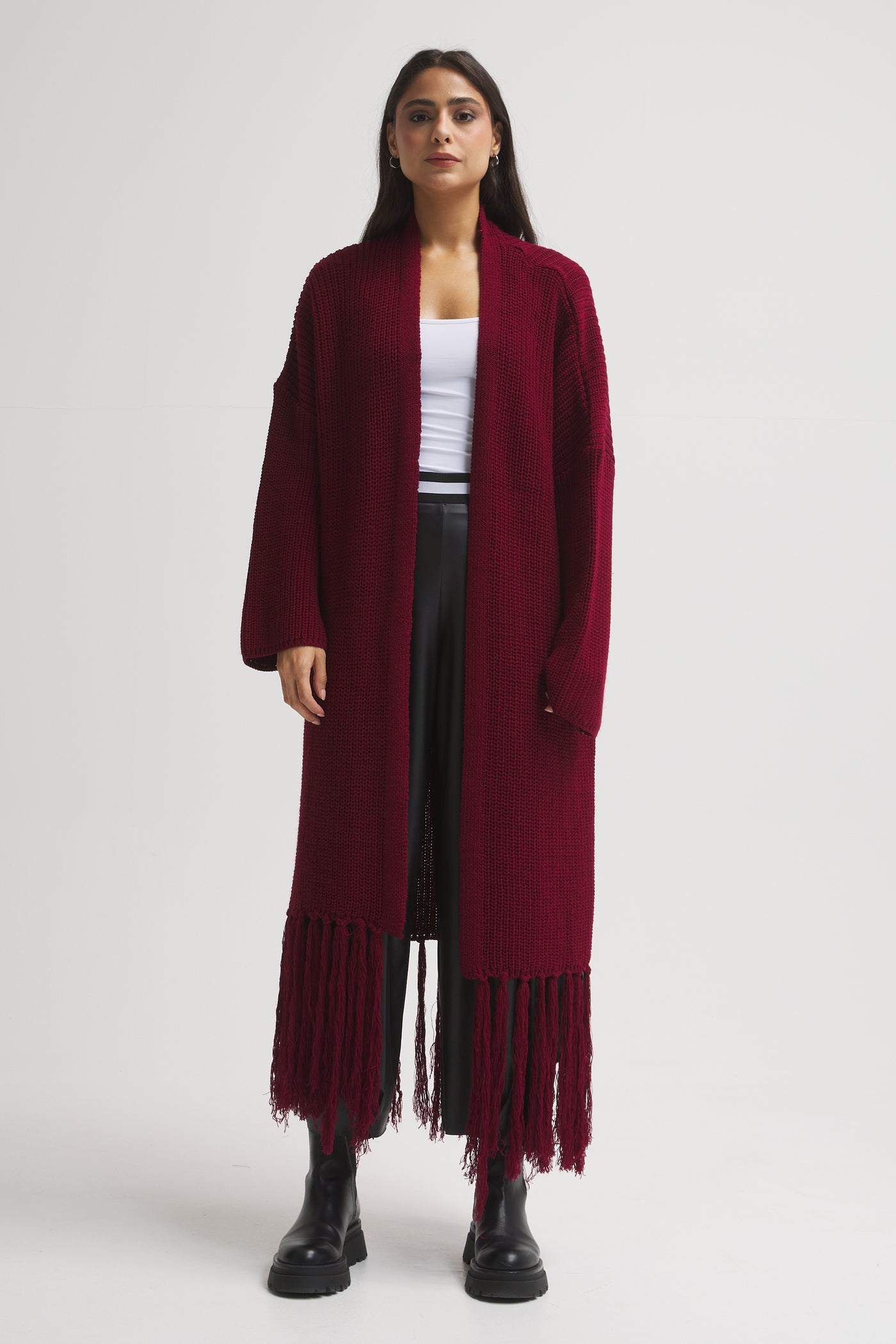 Maxi Hem Fringes Cardigan In Burgundy