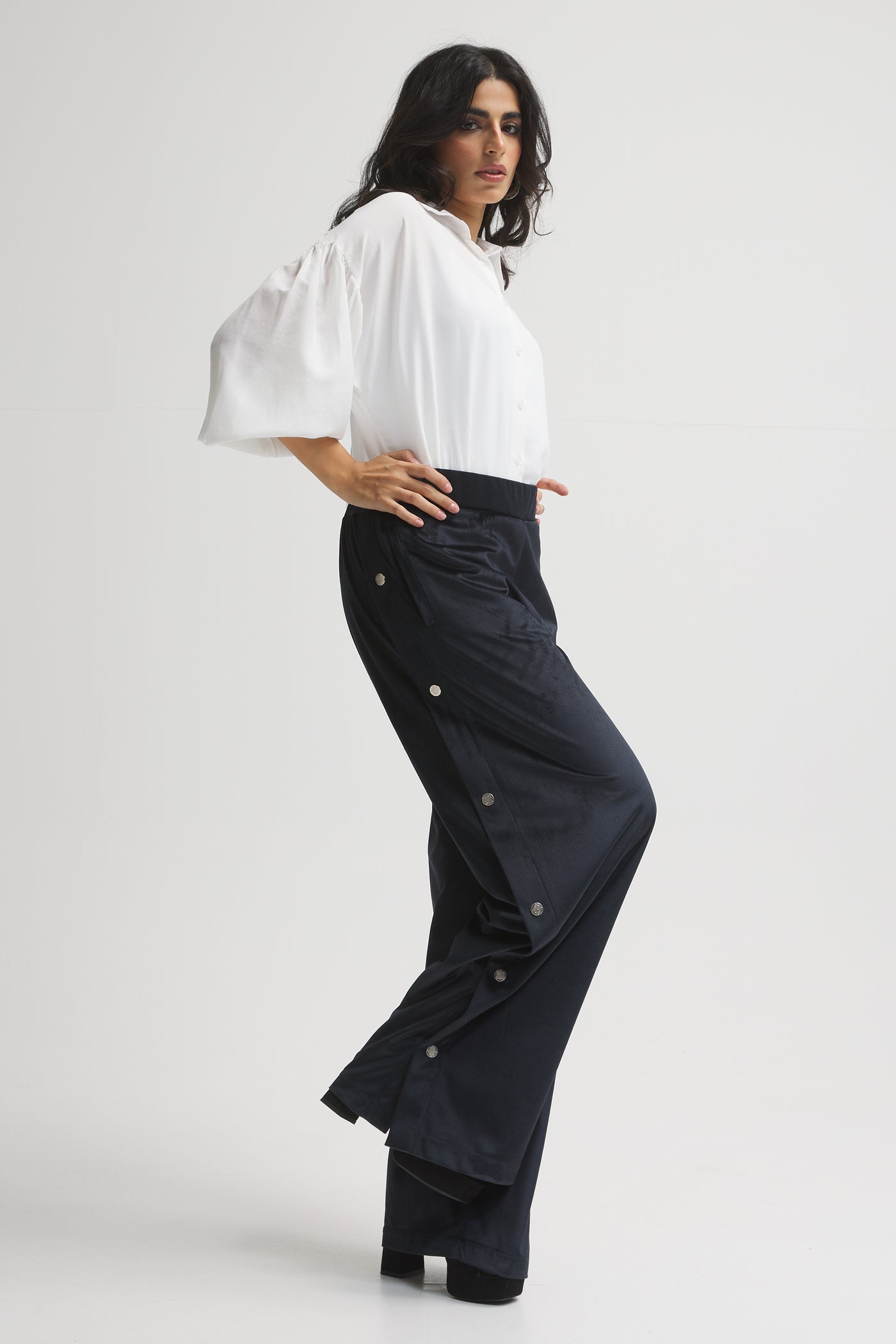 Velvet Side Buttons Wide Leg Pants