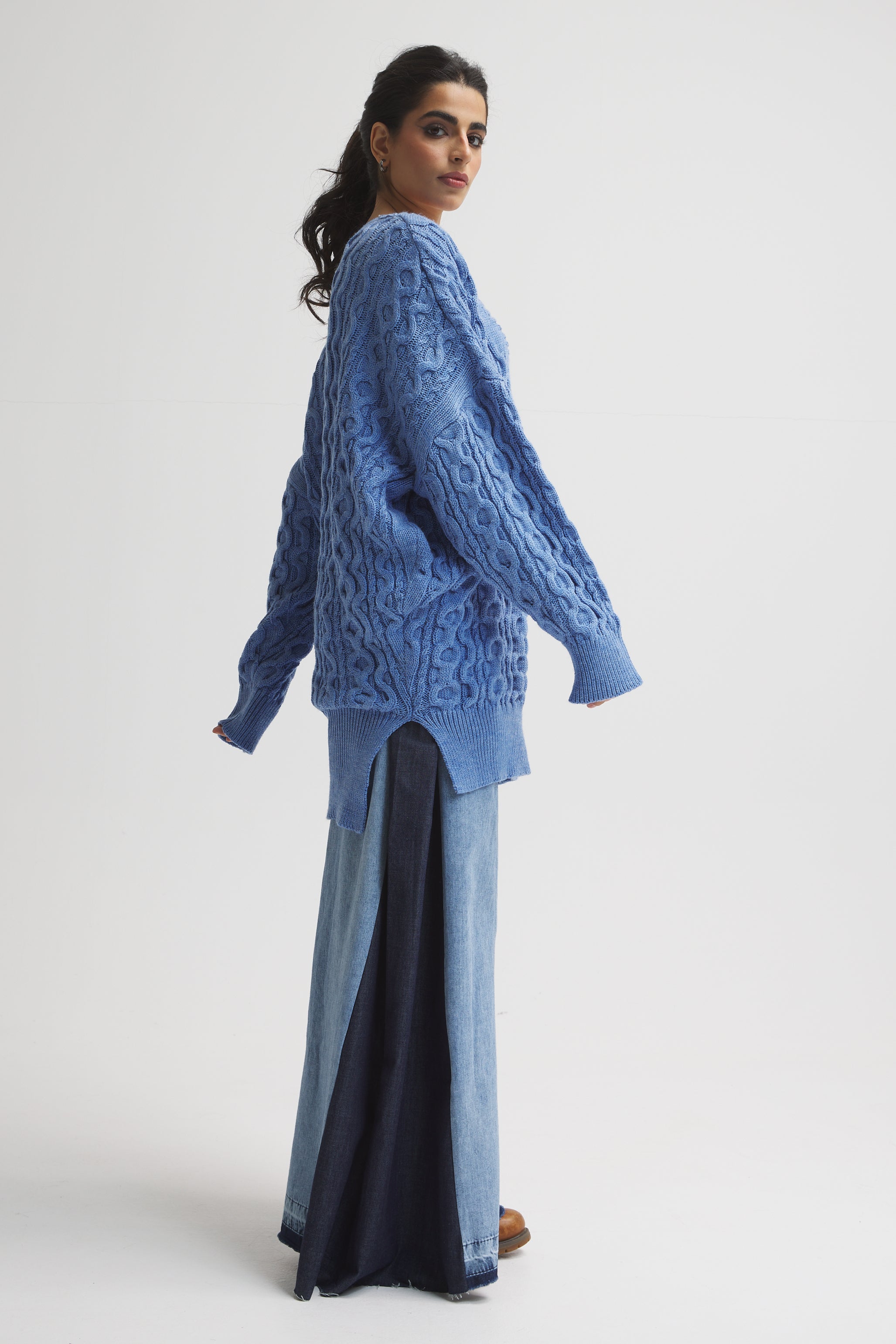 Oversize Braided Pullover In Denim Blue