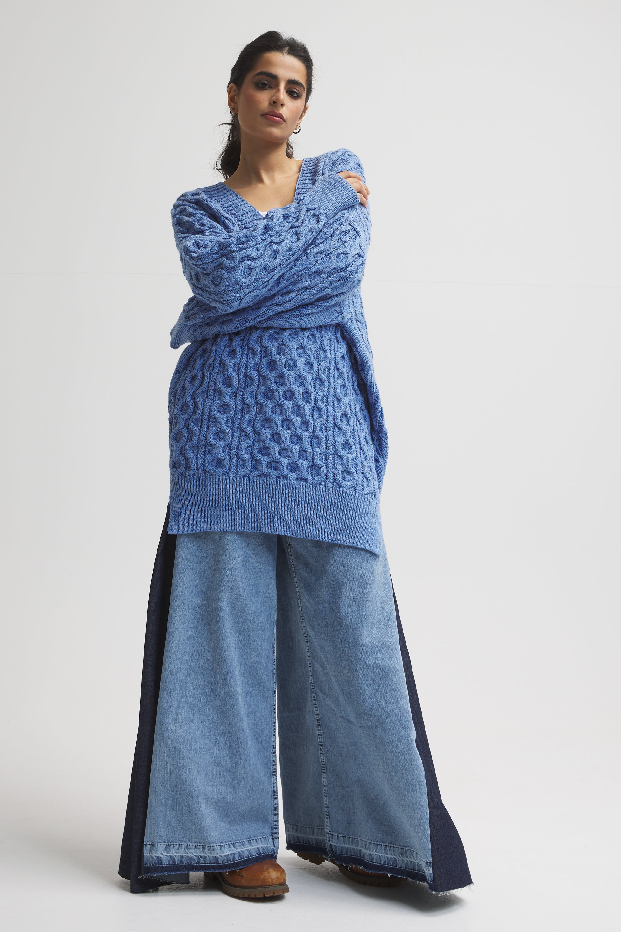 Oversize Braided Pullover In Denim Blue