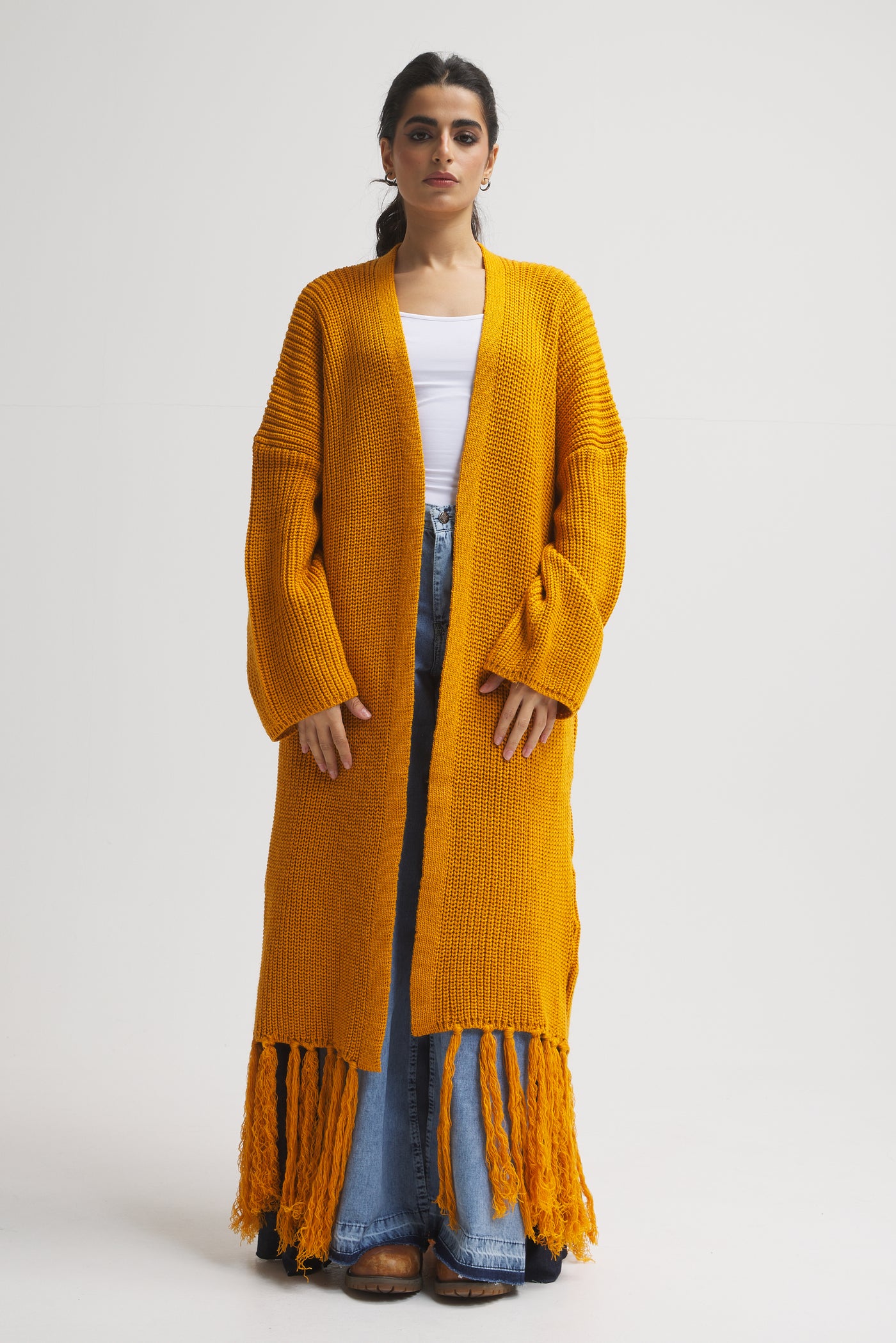 Maxi Hem Fringes Cardigan In Mustard