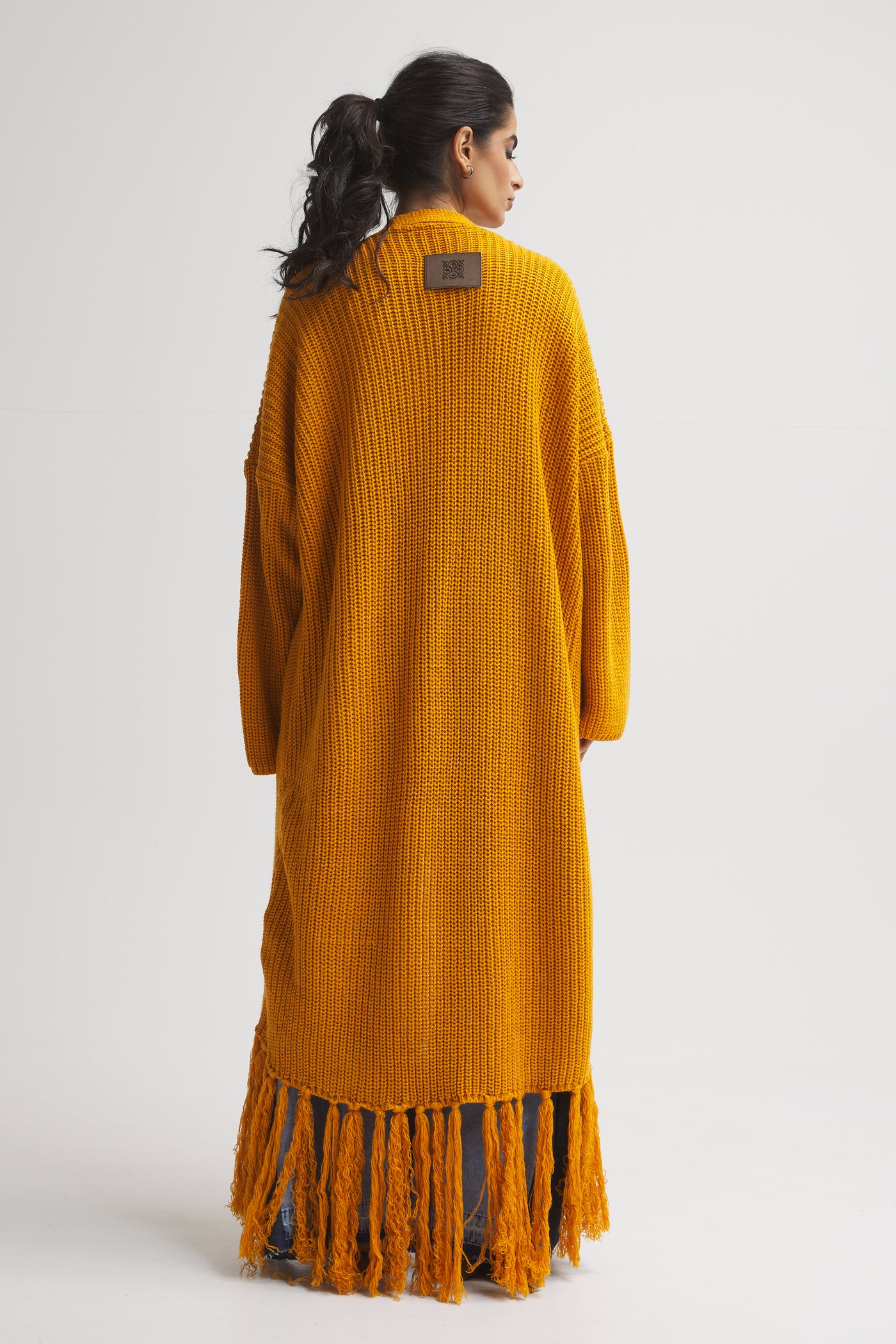 Maxi Hem Fringes Cardigan In Mustard