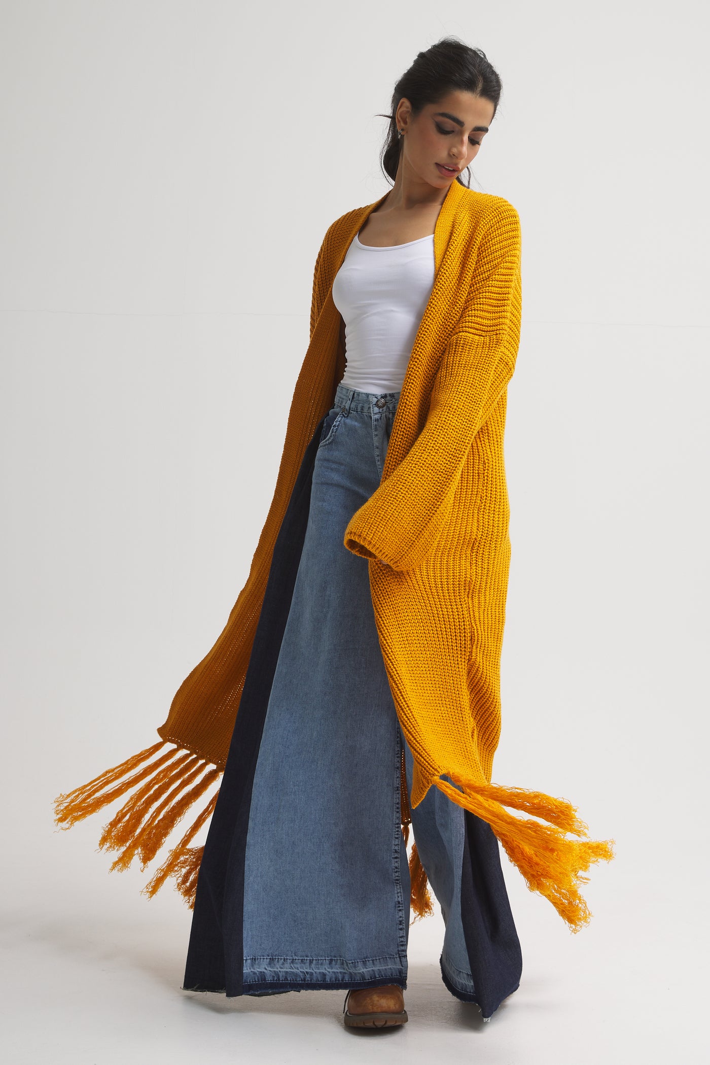 Maxi Hem Fringes Cardigan In Mustard