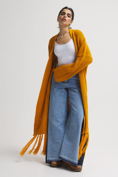 Maxi Hem Fringes Cardigan In Mustard