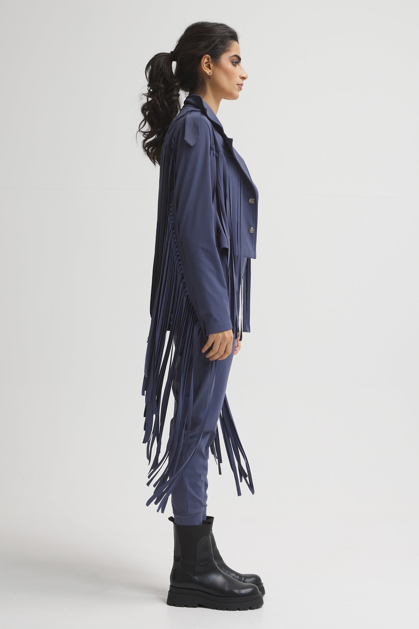 Cropped Moto Fringes Navy Jacket