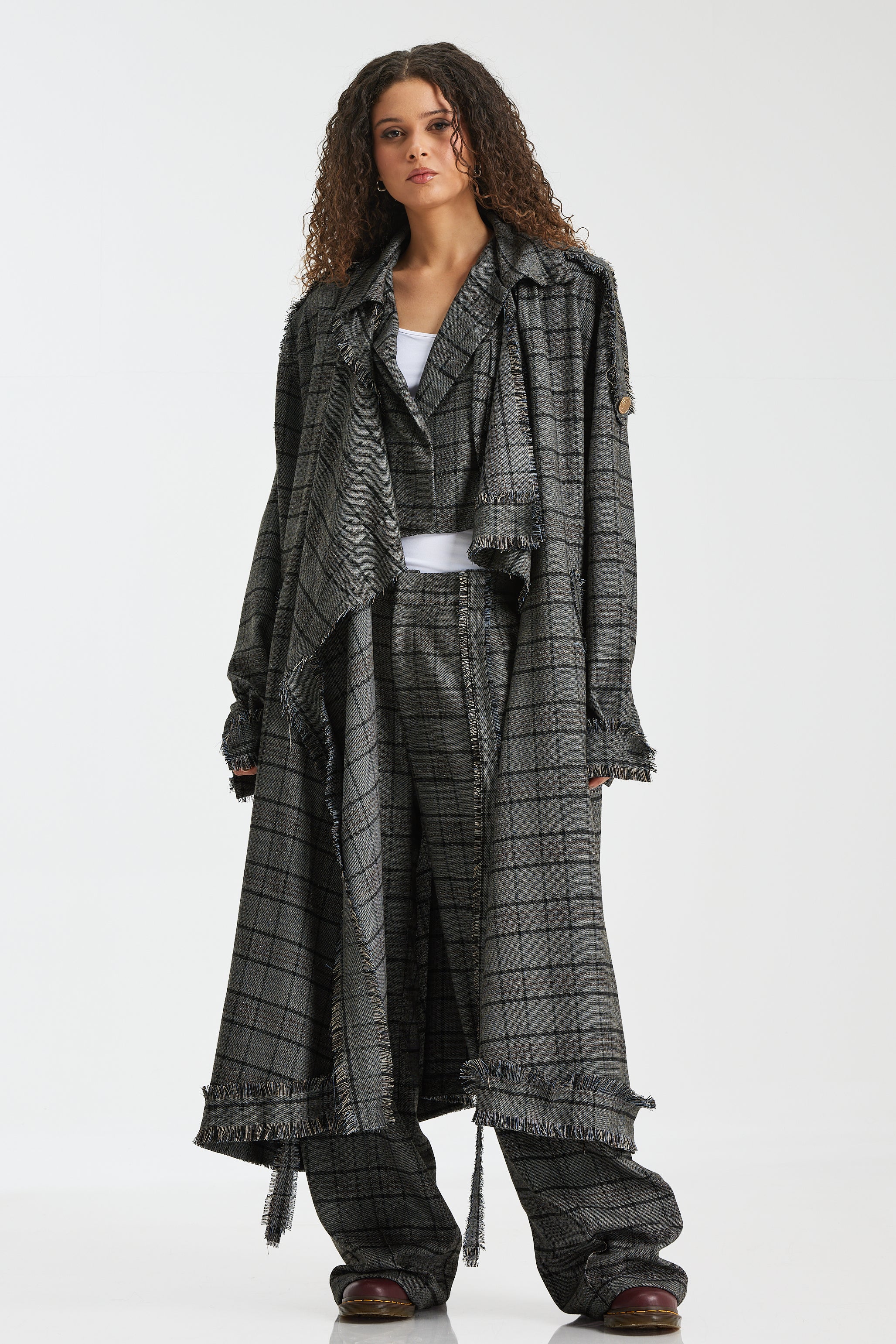 Oversize Wool Checker Coat In Light Grey