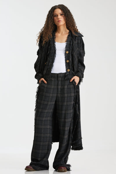 Wool Checker Side Fringes Pants