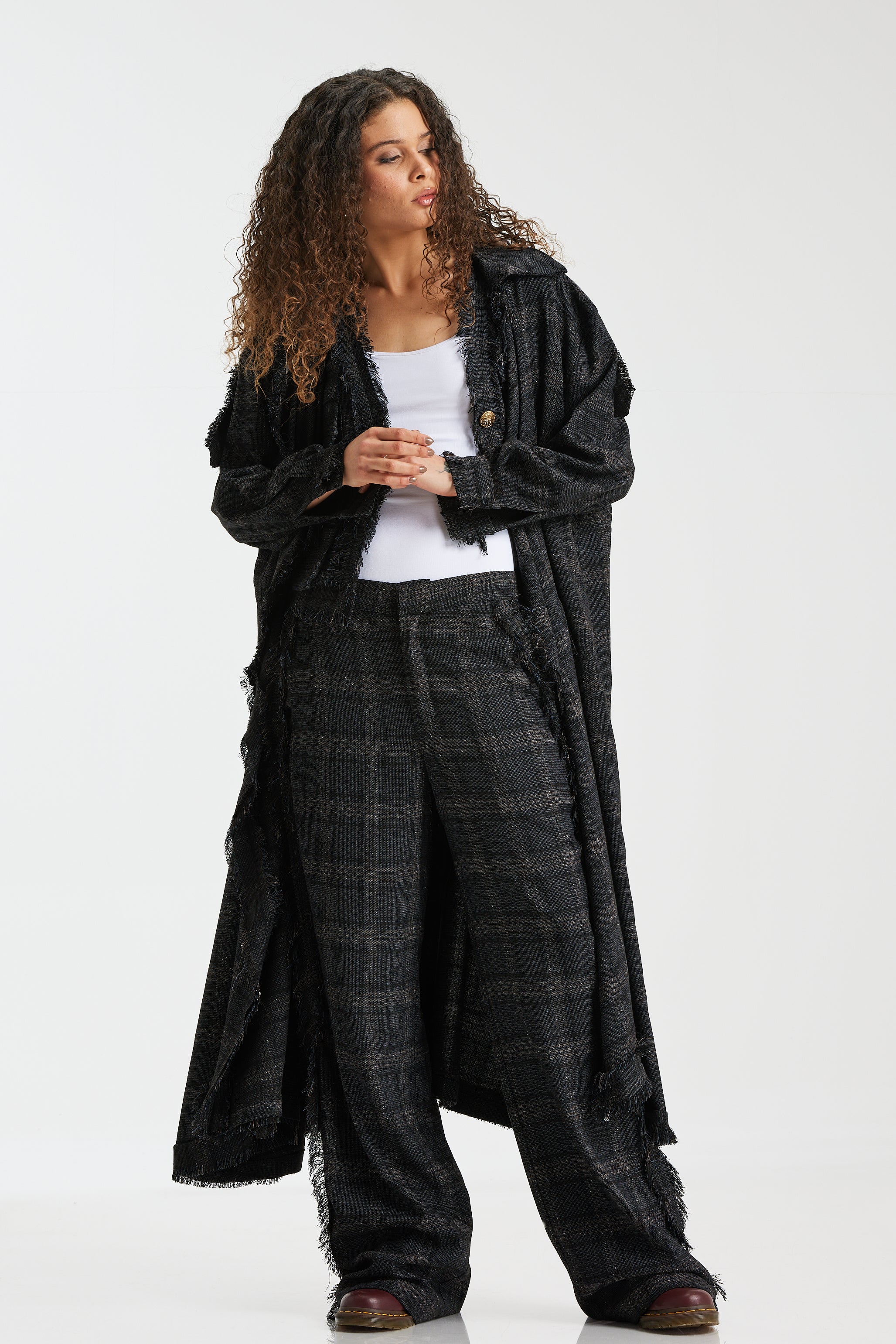 Oversize Wool Checker Coat In Black