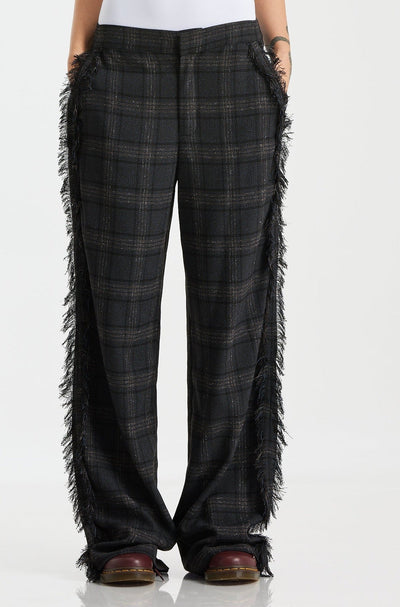 Wool Checker Side Fringes Pants