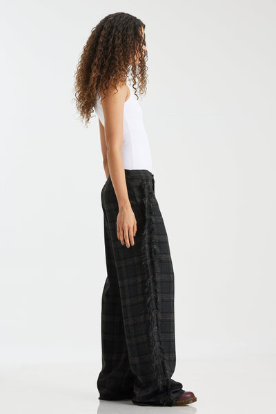 Wool Checker Side Fringes Pants