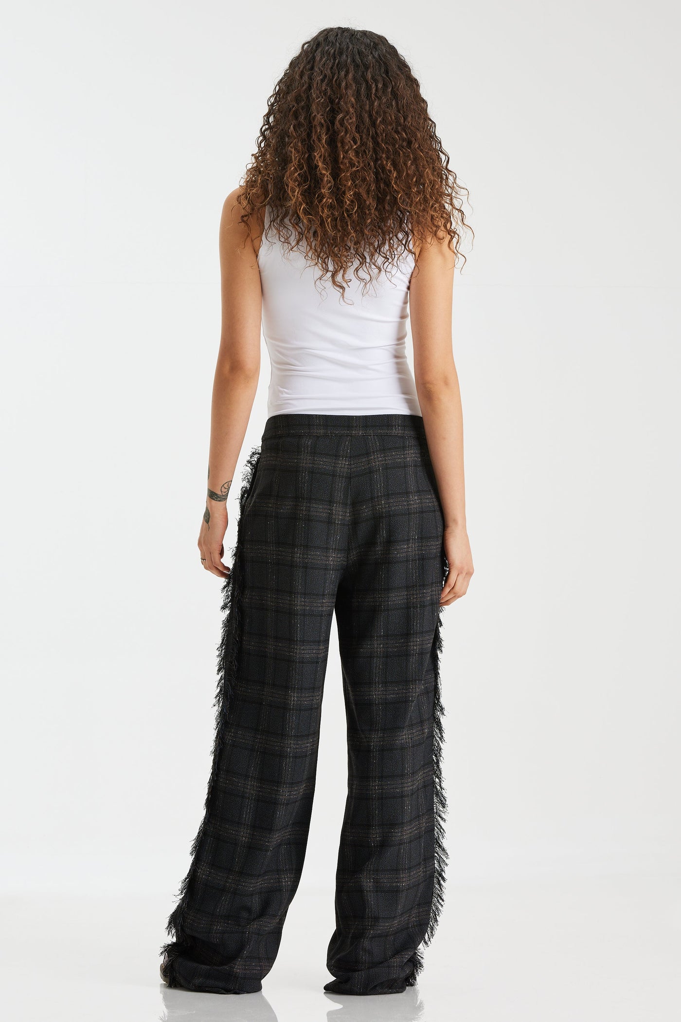 Wool Checker Side Fringes Pants