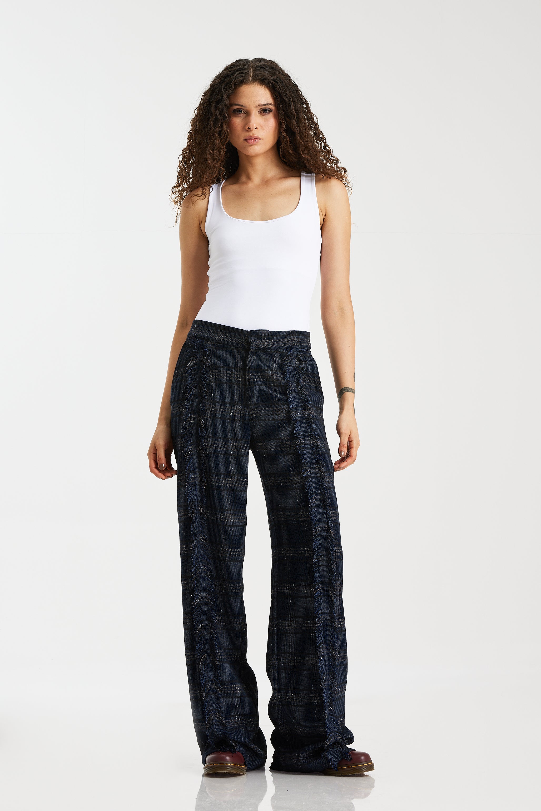 Wool Checker Front Fringes Pants