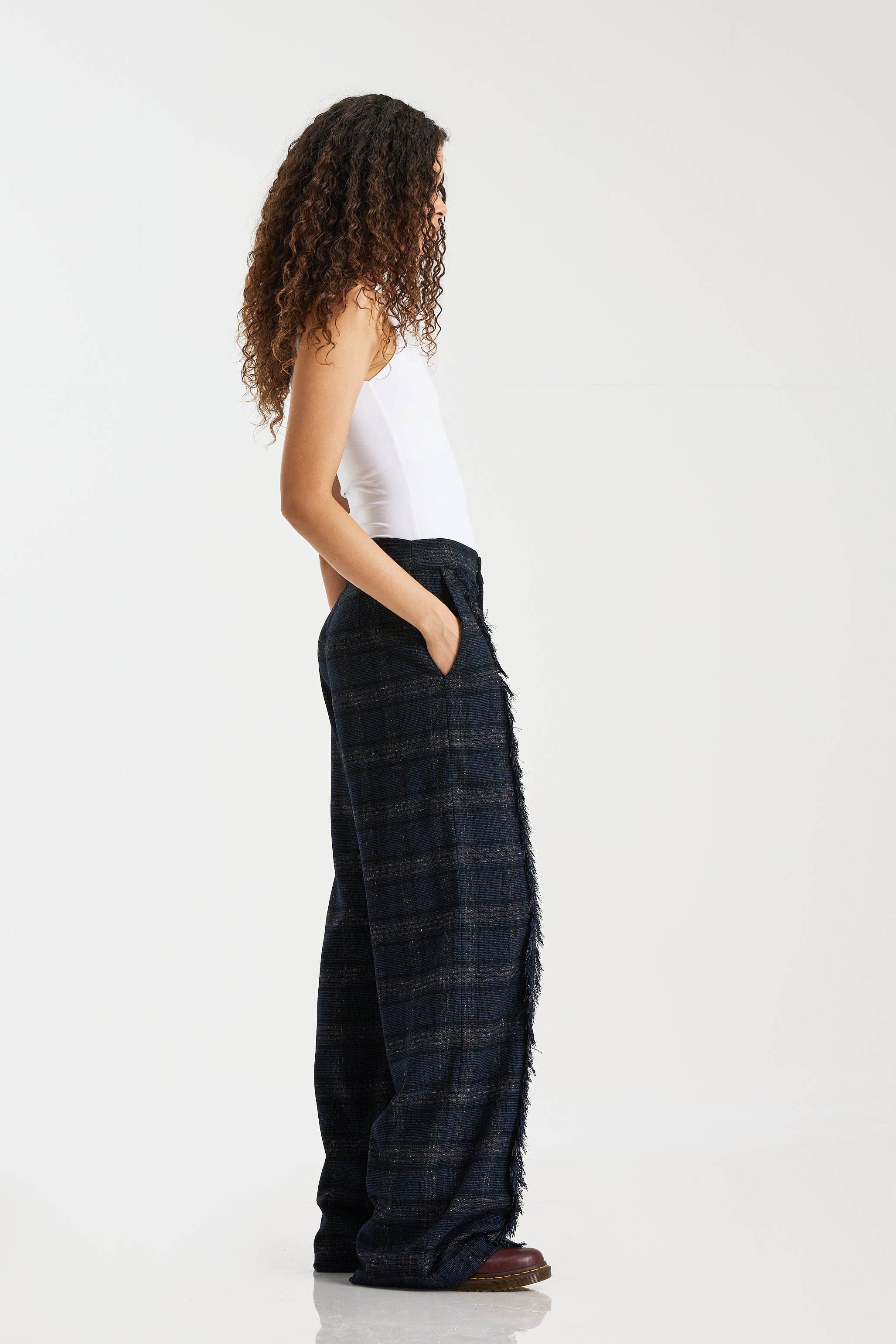 Wool Checker Front Fringes Pants