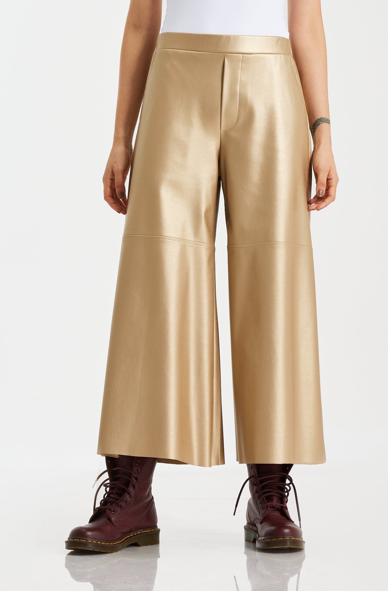 Cropped Wide Leg Gold Leather Pants