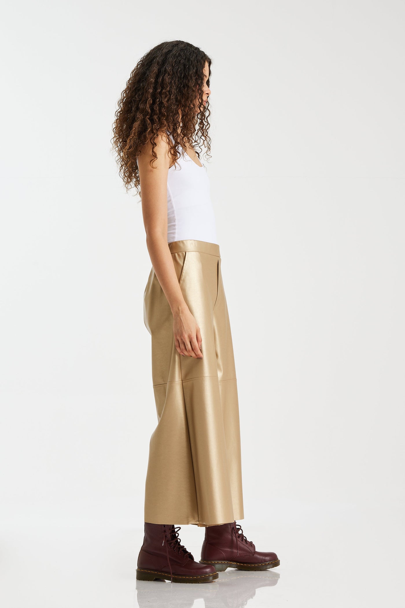 Cropped Wide Leg Gold Leather Pants