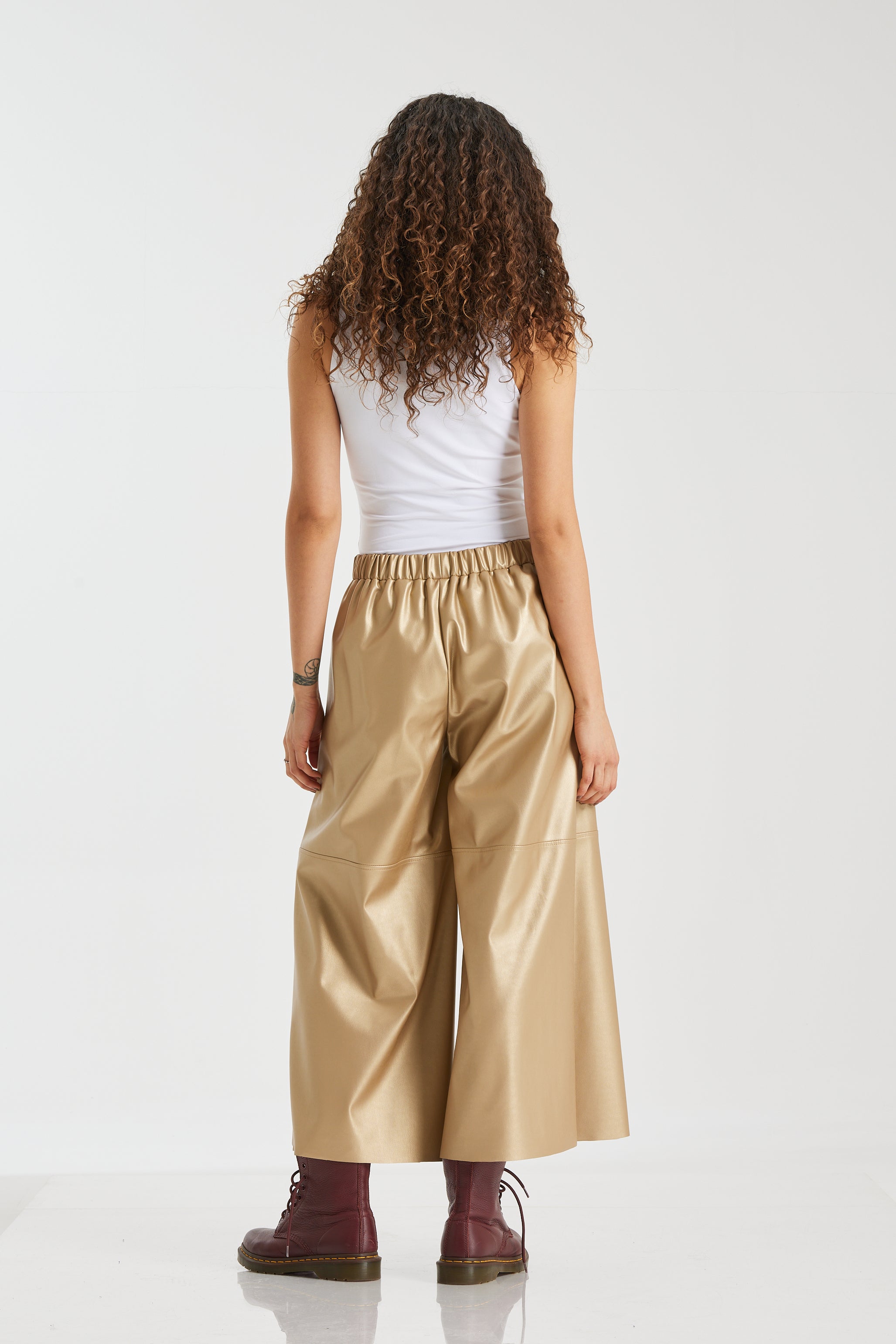 Cropped Wide Leg Gold Leather Pants