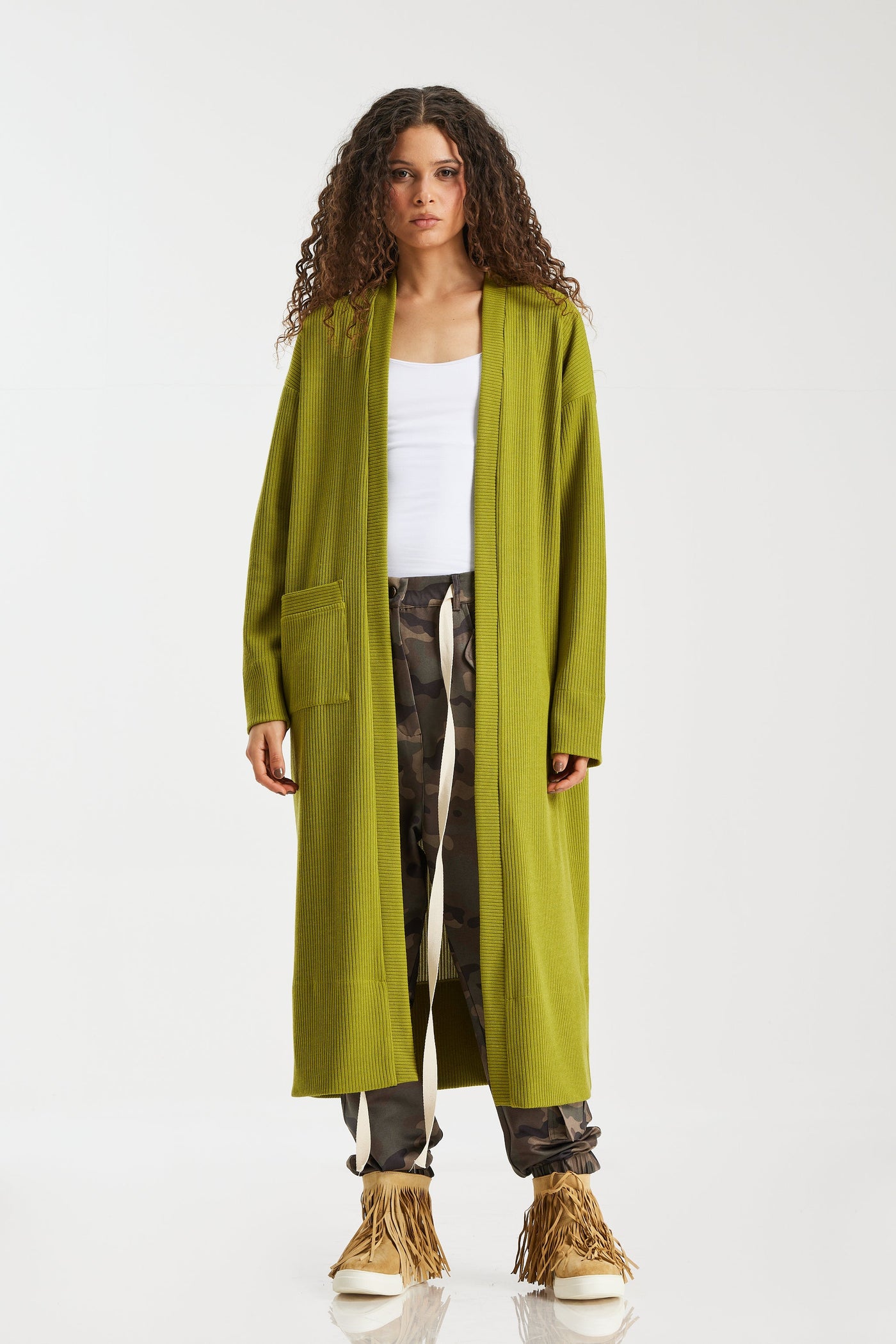 Midi One Pocket Cardigan In Apple Green