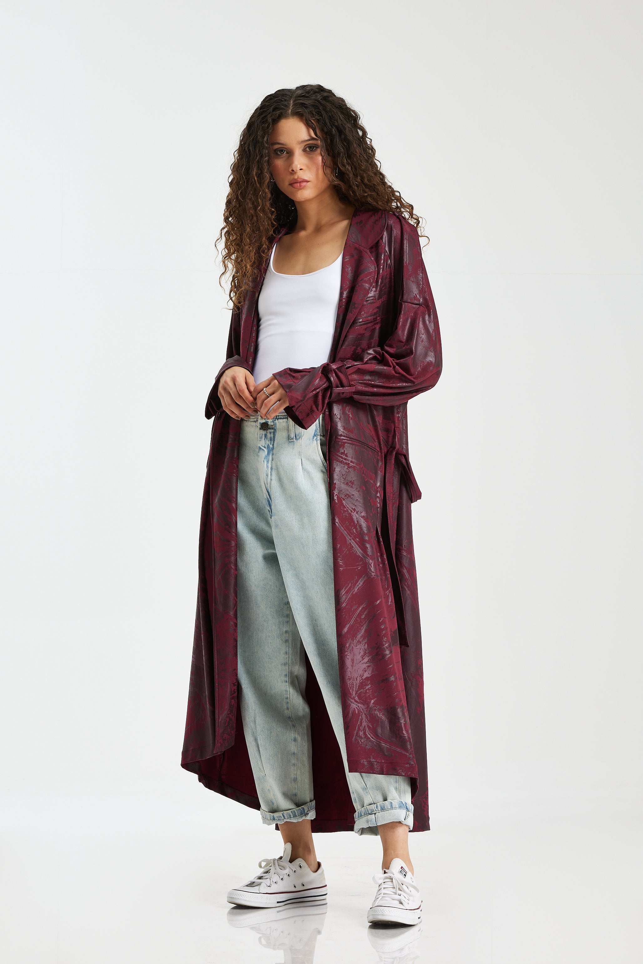 Leather Trench Coat In Burgundy