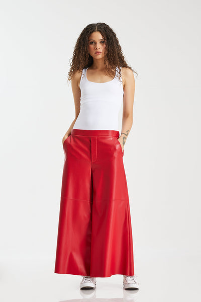 Cropped Wide Leg Red Leather Pants