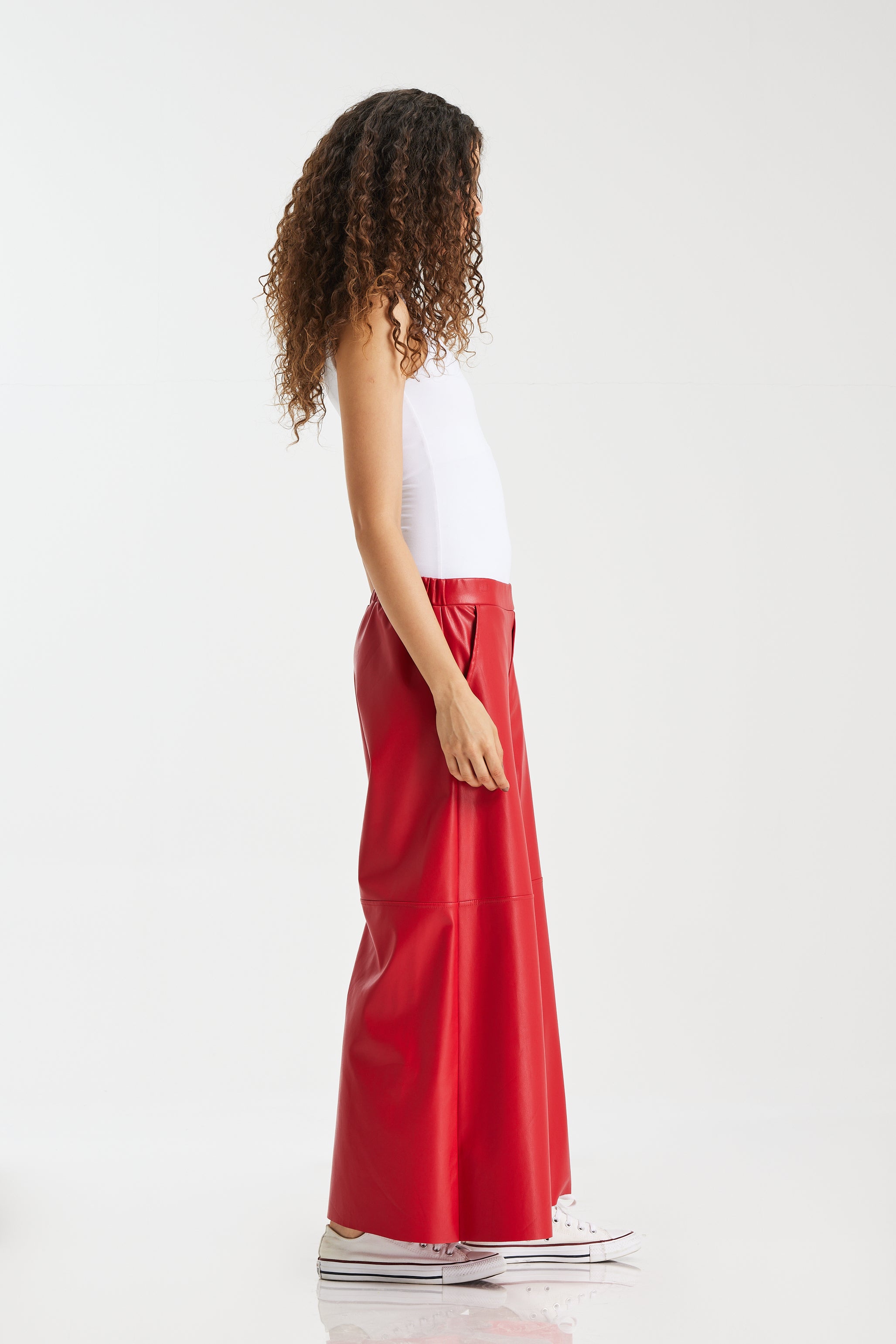 Cropped Wide Leg Red Leather Pants