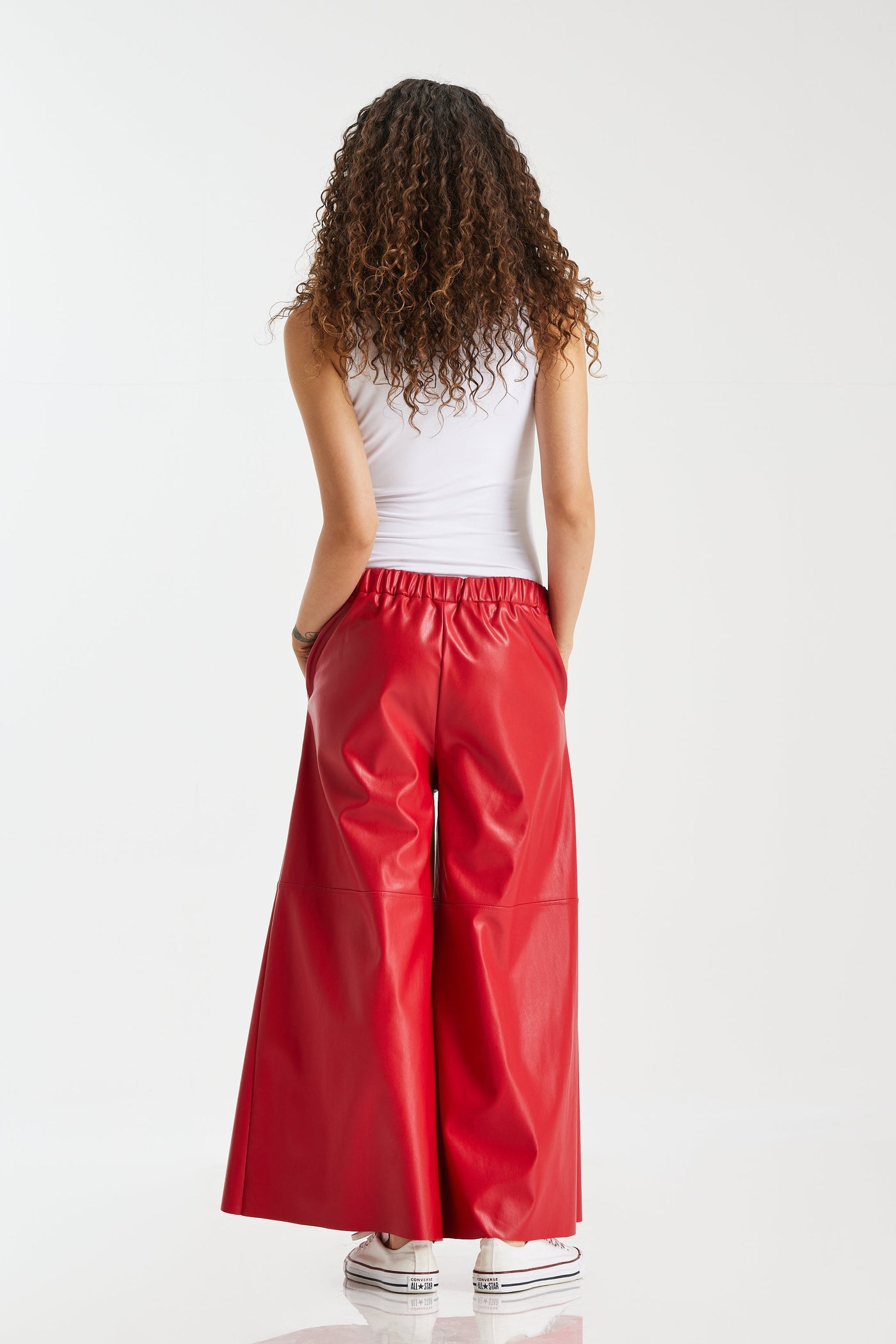 Cropped Wide Leg Red Leather Pants