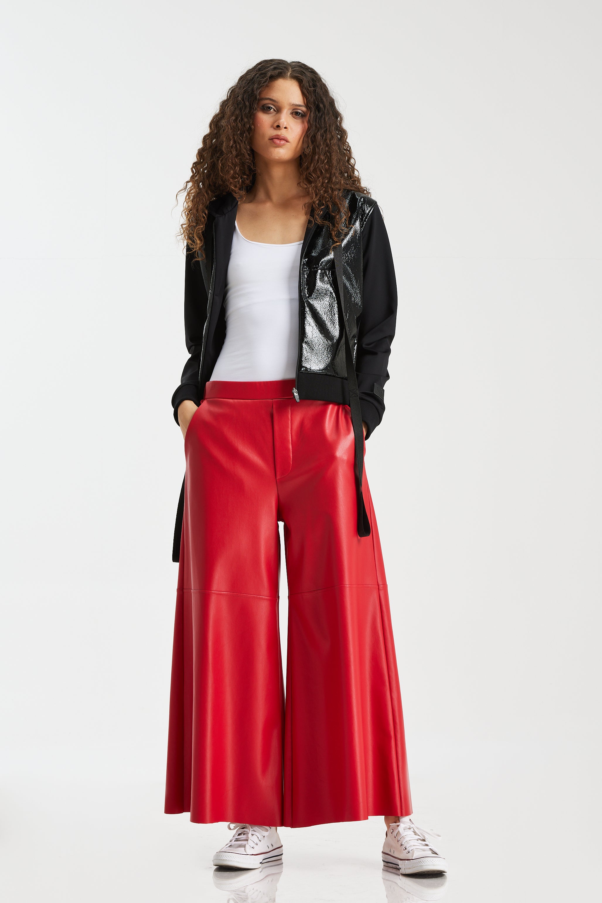 Cropped Wide Leg Red Leather Pants