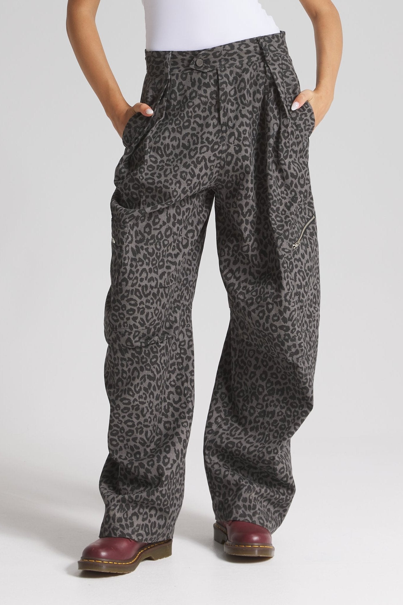 Grey Leopard Baggy Cargo Pants