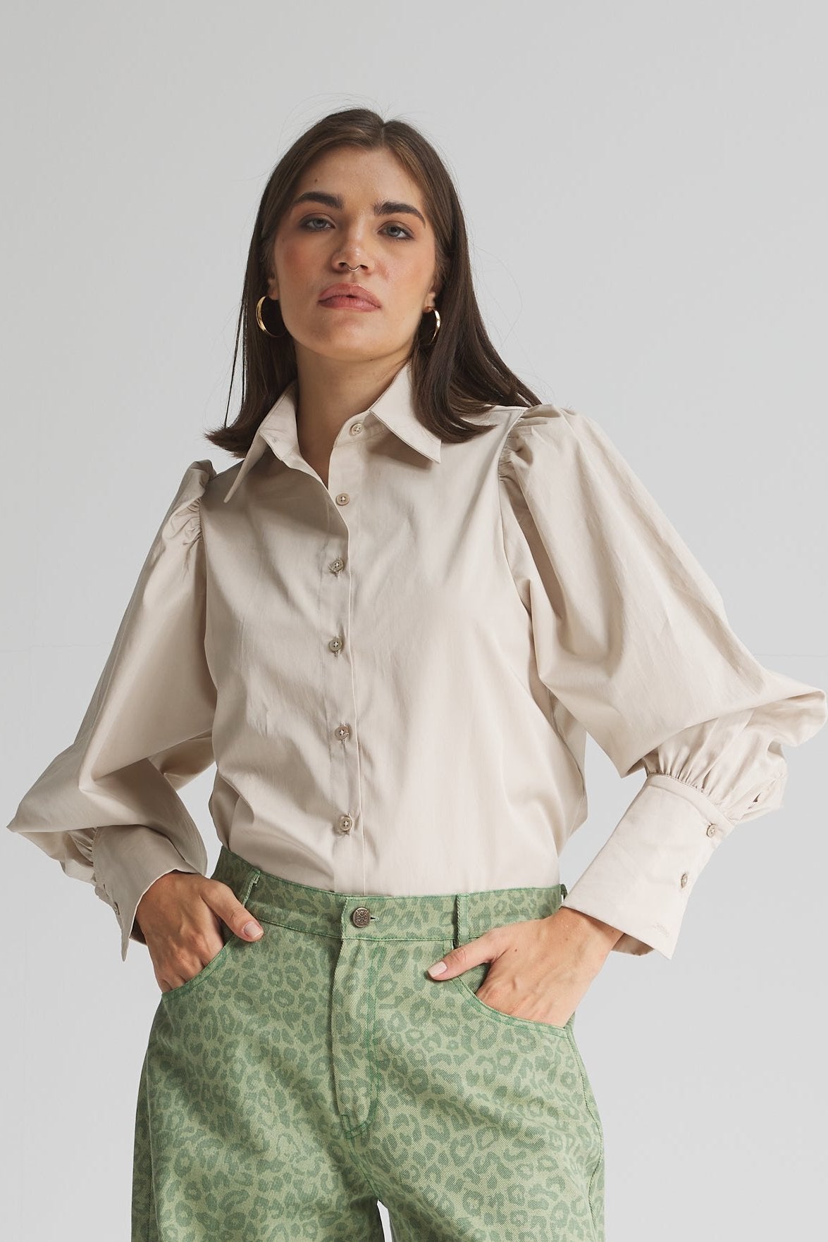 Puffy Sleeves Shirt In Beige