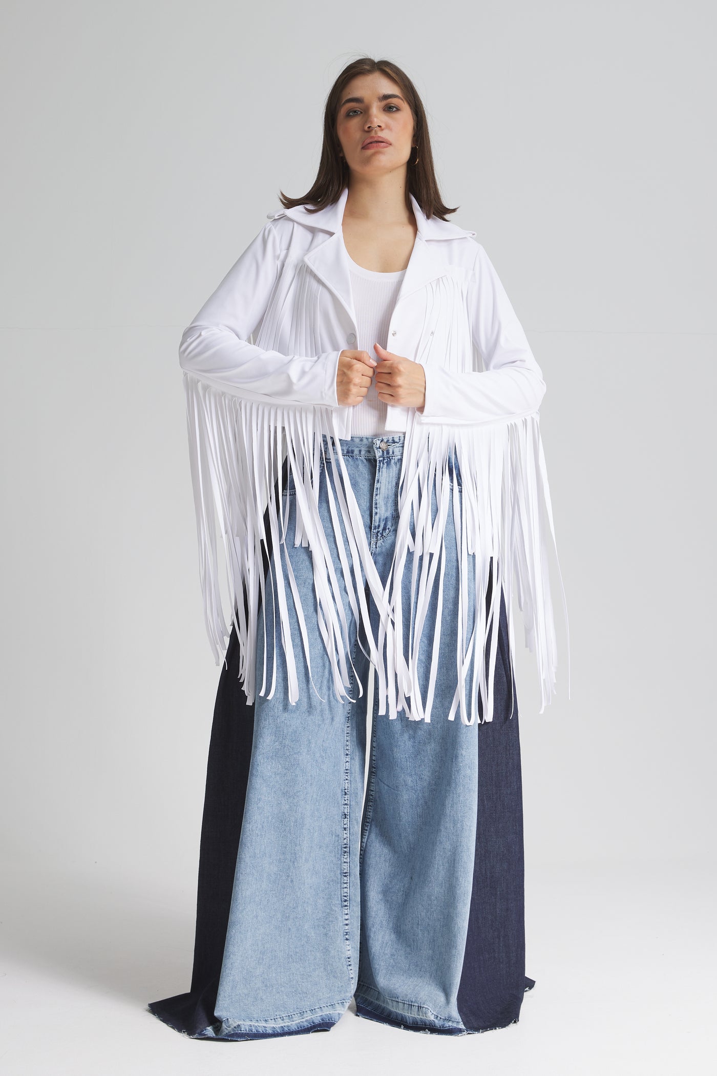 Cropped Moto Fringes White Jacket