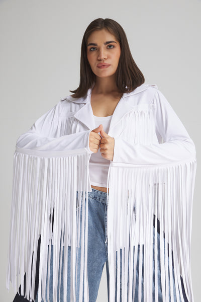 Cropped Moto Fringes White Jacket