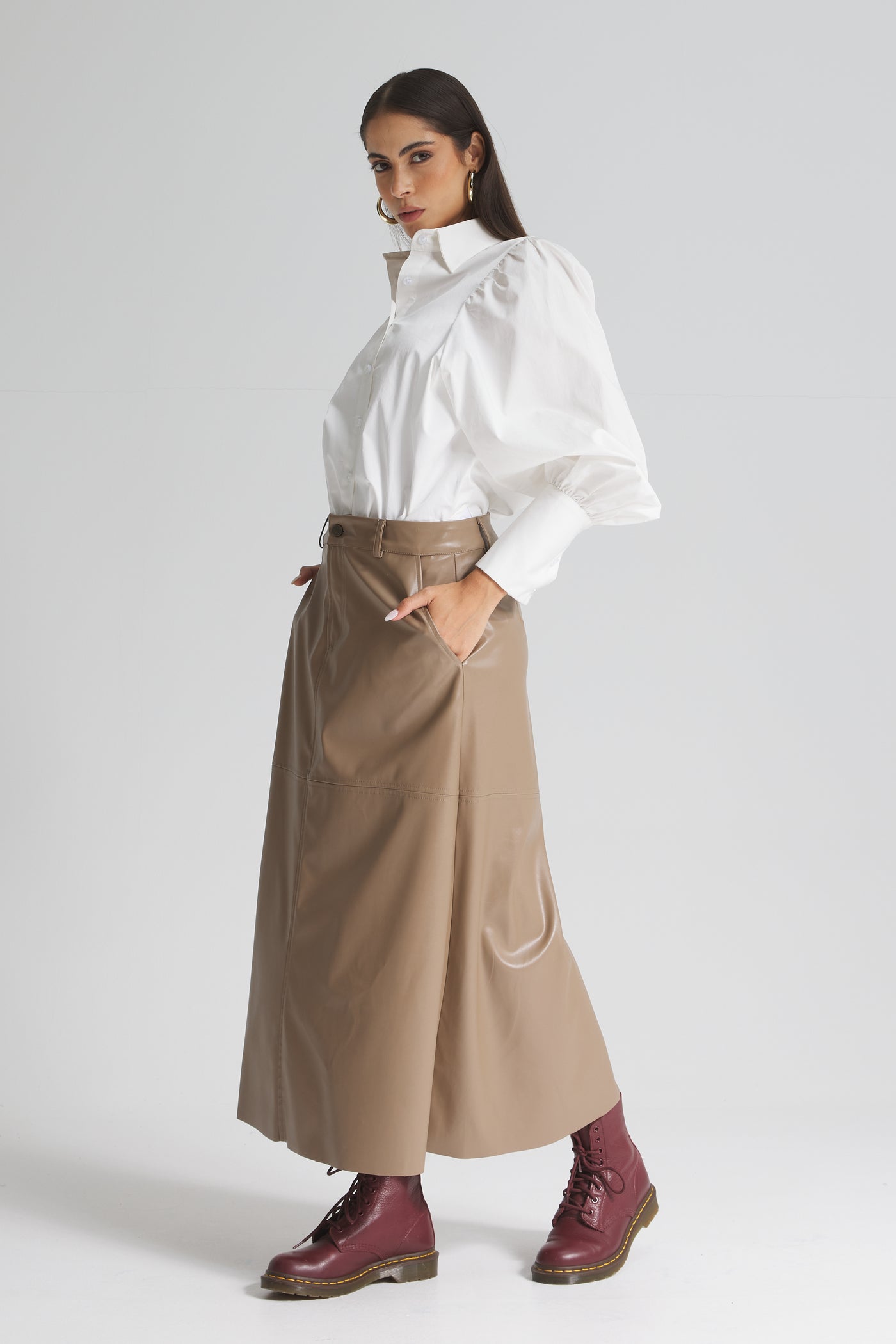 Midi Leather Skirt In Coffee