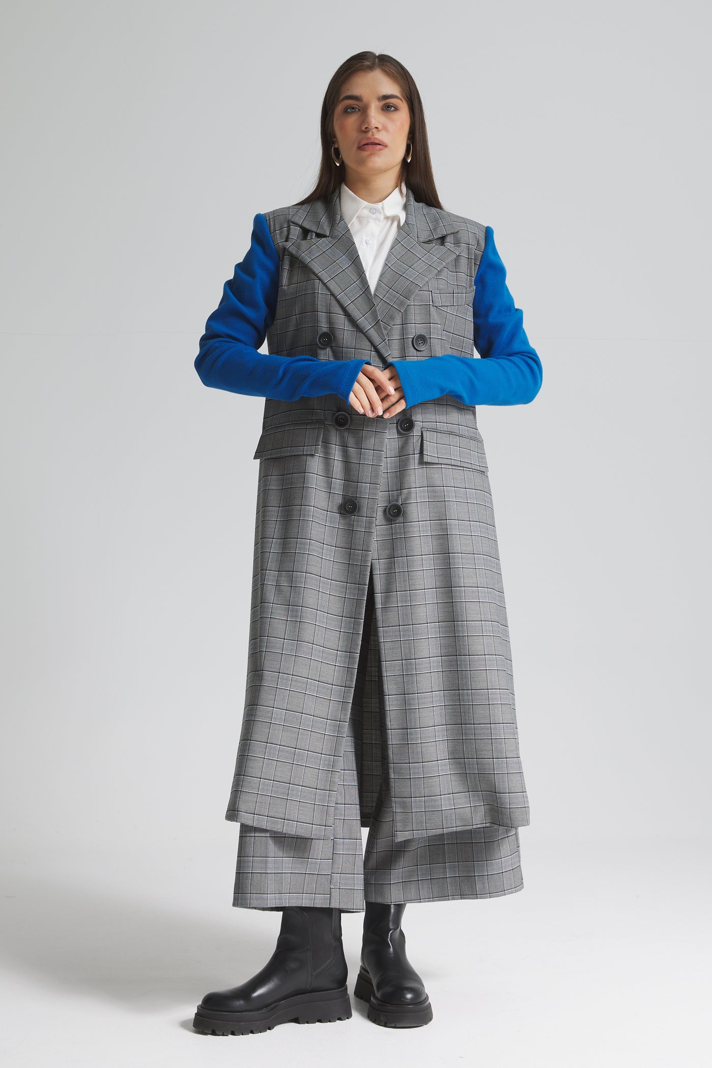 Checker Midi Blazer With Blue Sleeves