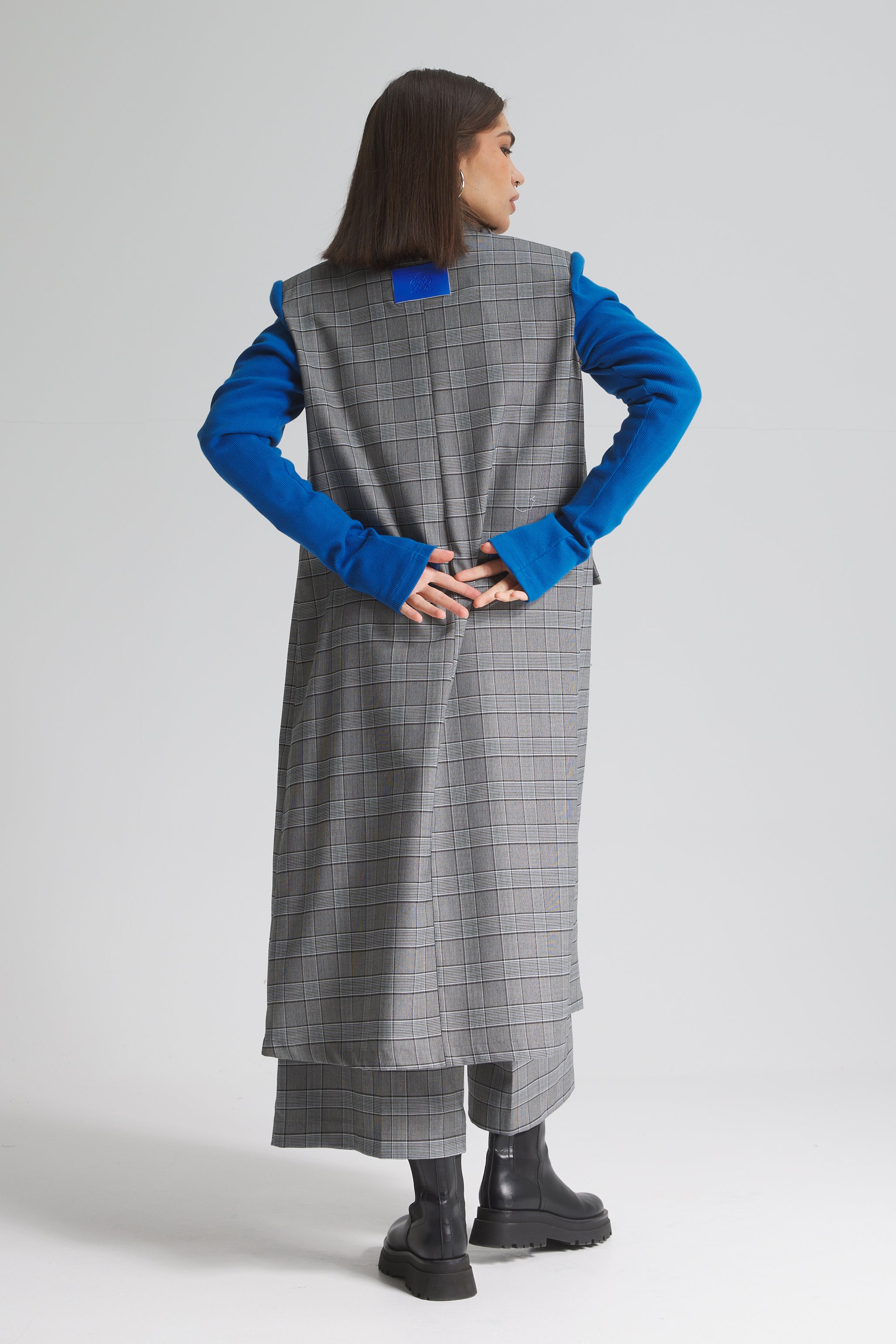 Checker Midi Blazer With Blue Sleeves