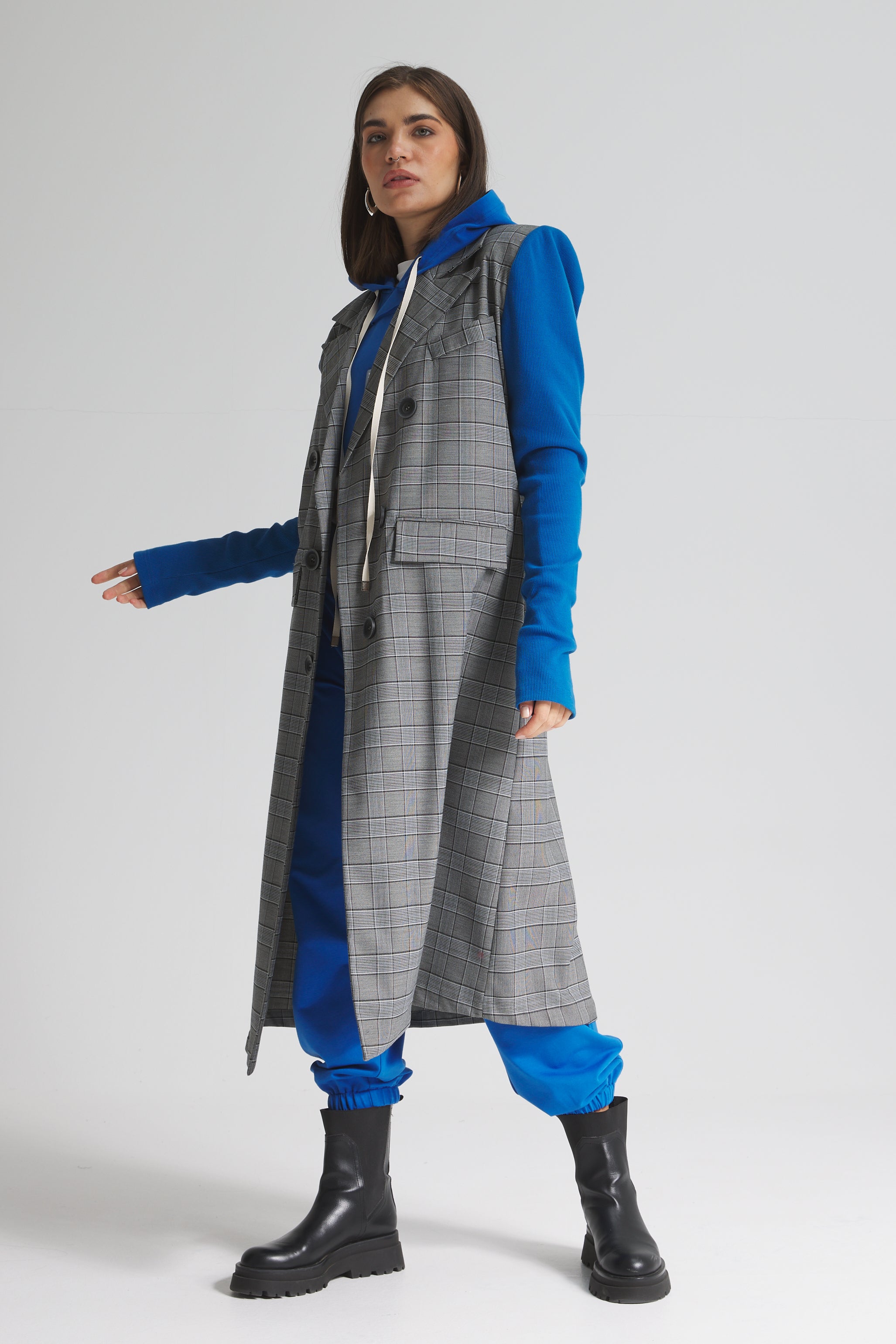 Checker Midi Blazer With Blue Sleeves