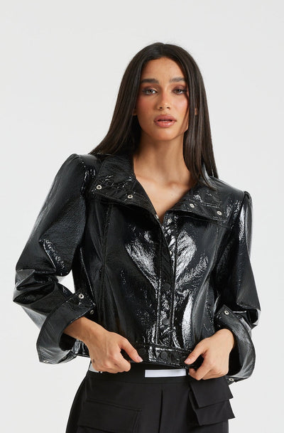 Puffed shoulders leather jacket