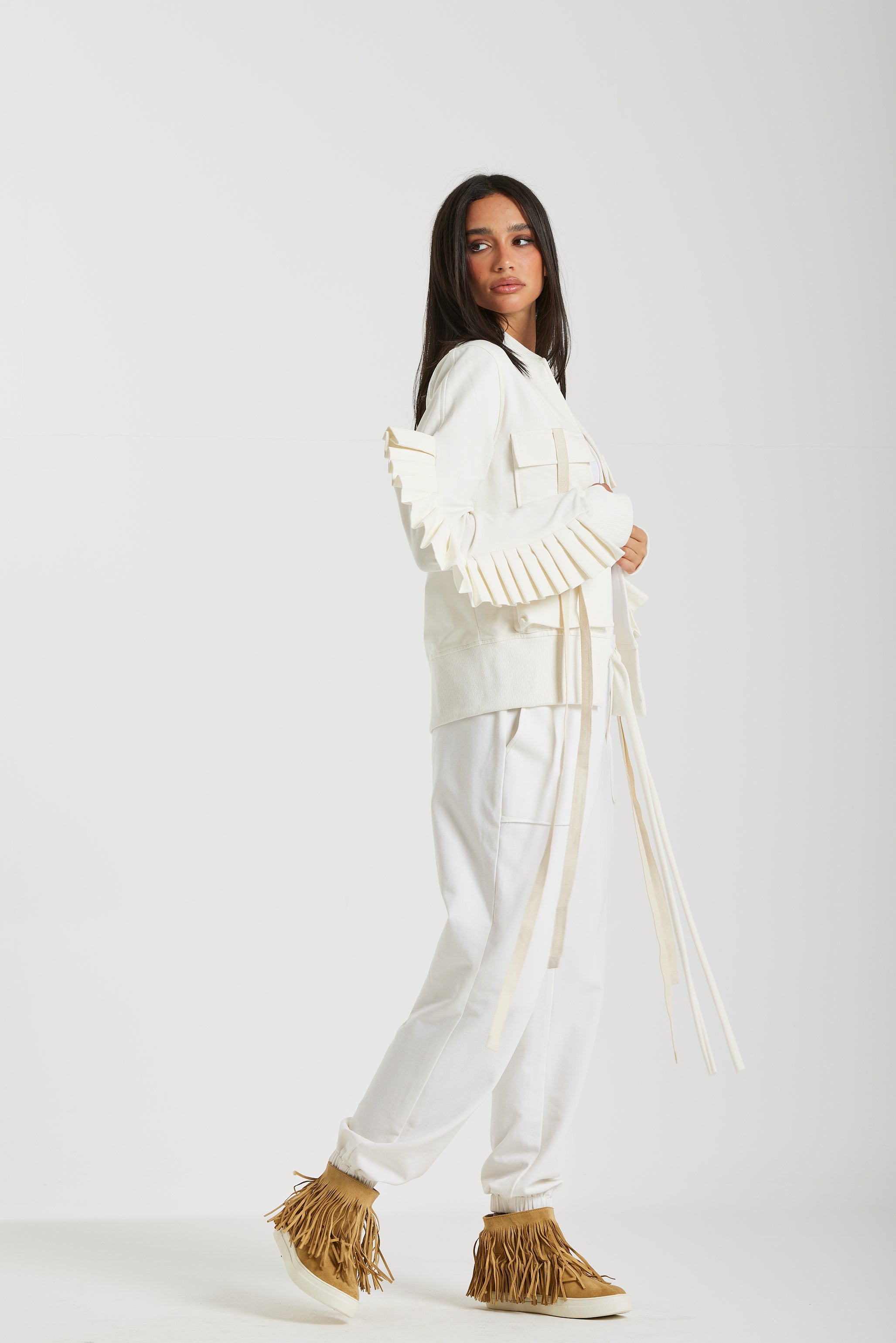 Cargo Jacket with Pleated Sleeves In Off White