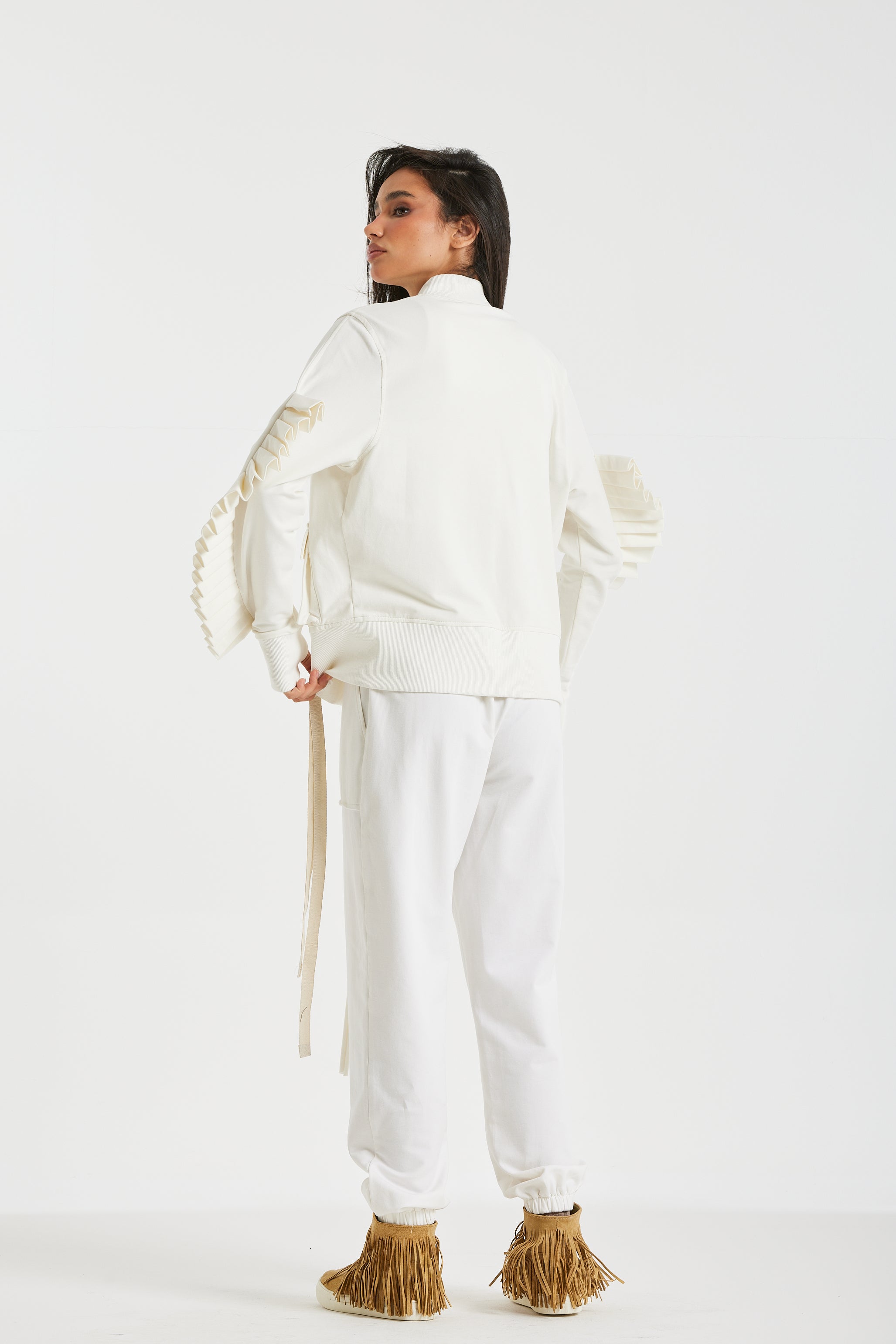 Cargo Jacket with Pleated Sleeves In Off White