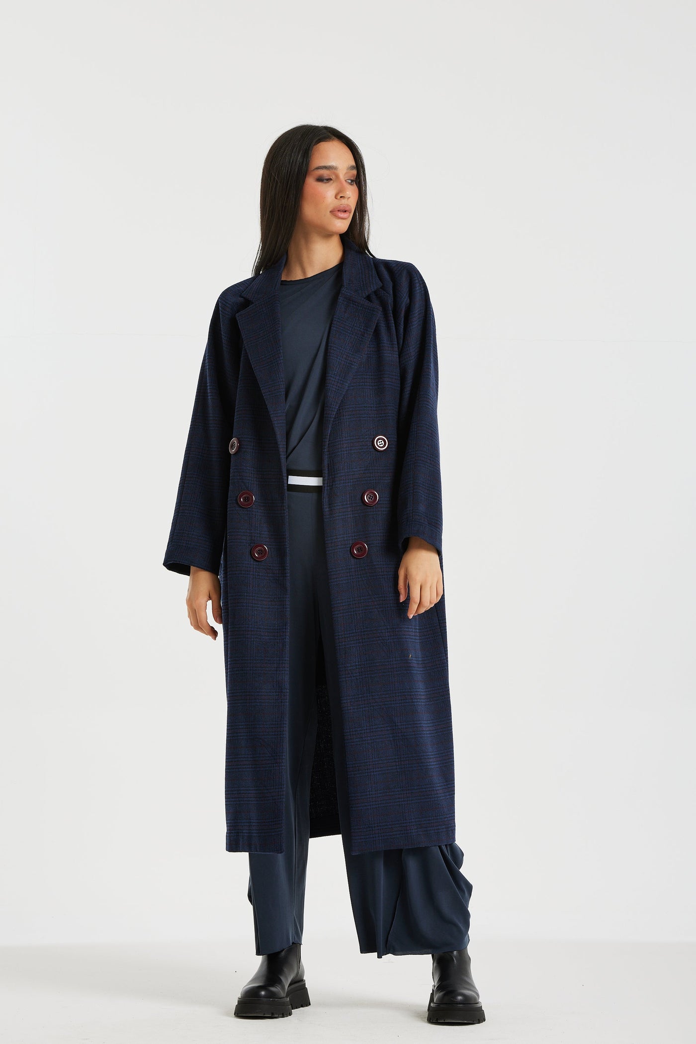 Oversize Checker Navy Coat