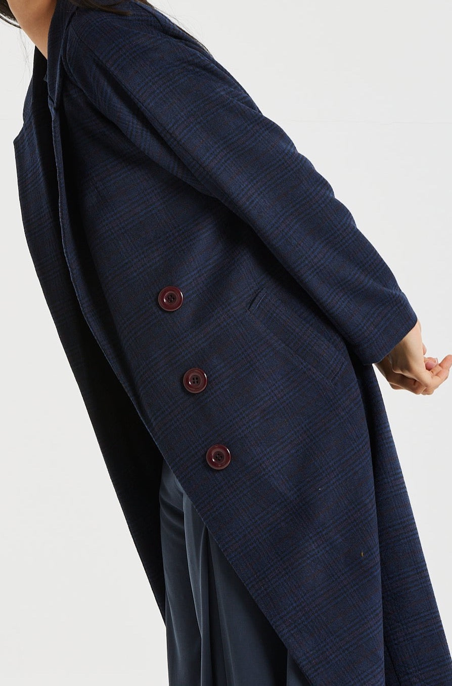 Oversize Checker Navy Coat